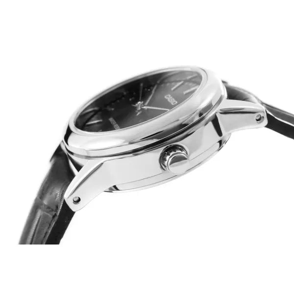 Casio női karóra fekete bőrszíjjal, ezüst tok 25 mm, WR30