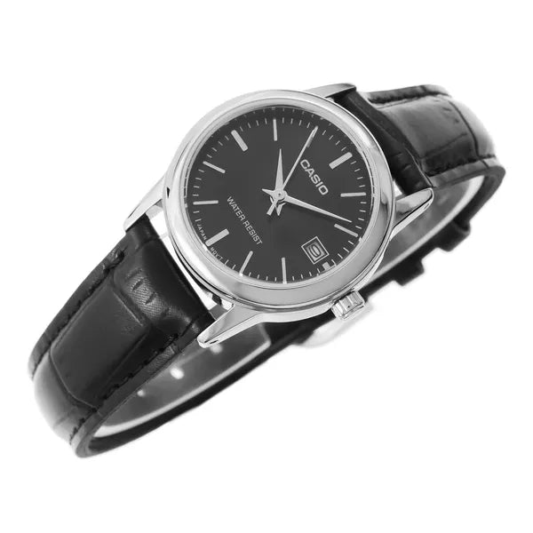 Casio női karóra fekete bőrszíjjal, ezüst tok 25 mm, WR30