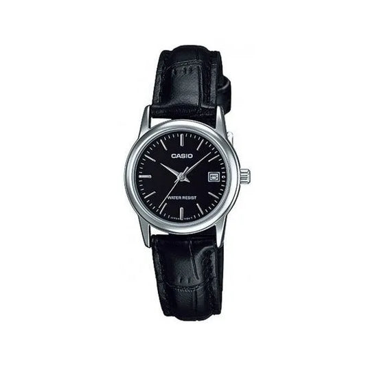Casio női karóra fekete bőrszíjjal, ezüst tok 25 mm, WR30