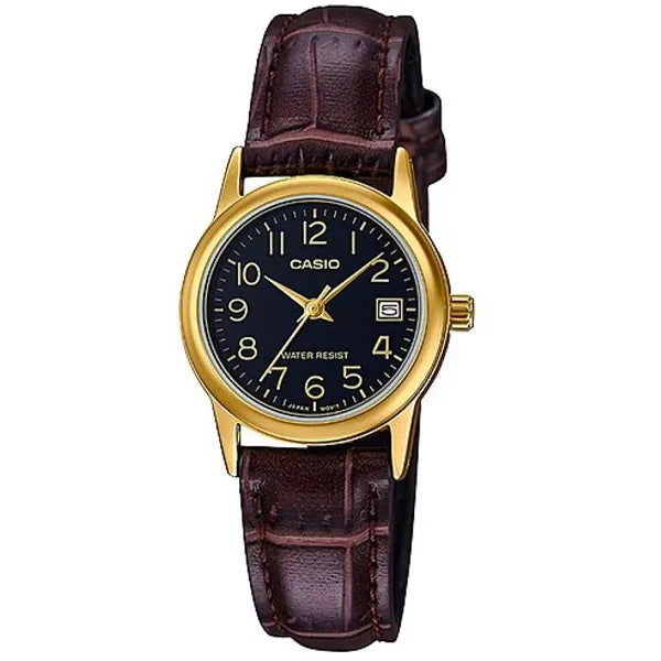 Casio LTP-V002GL női analóg karóra, fekete számlap, barna bőrszíj, WR30