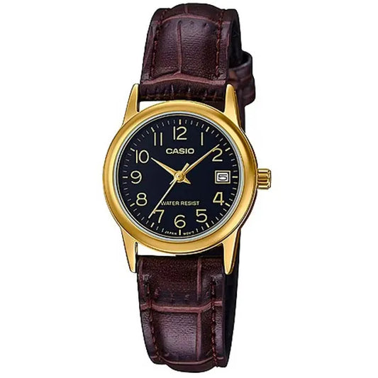 Casio LTP-V002GL női analóg karóra, fekete számlap, barna bőrszíj, WR30