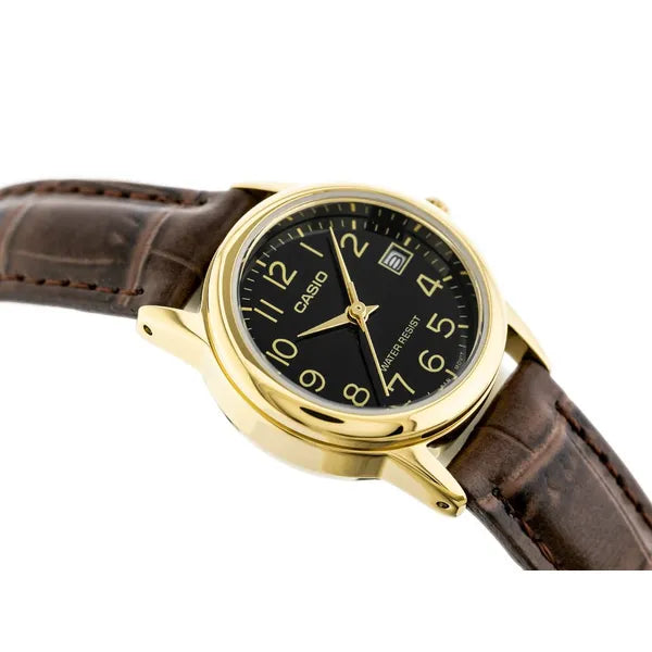 Casio LTP-V002GL női analóg karóra, fekete számlap, barna bőrszíj, WR30