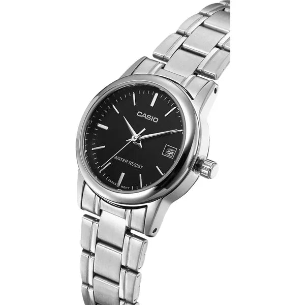 Casio női karóra LTP-V002D-1A, ezüst nemesacél, fekete számlap, WR30