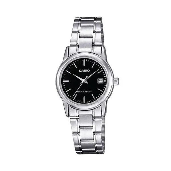 Casio női karóra LTP-V002D-1A, ezüst nemesacél, fekete számlap, WR30