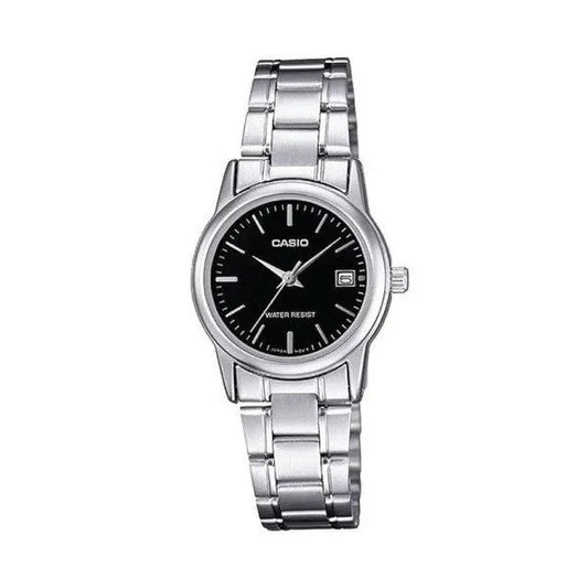 Casio női karóra LTP-V002D-1A, ezüst nemesacél, fekete számlap, WR30