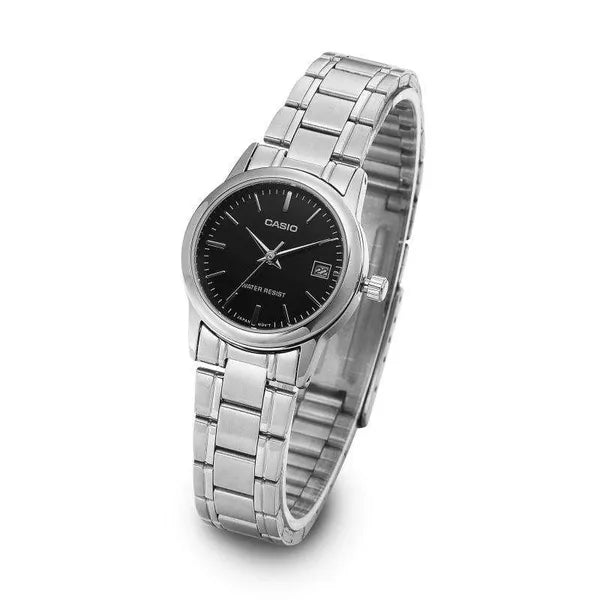 Casio női karóra LTP-V002D-1A, ezüst nemesacél, fekete számlap, WR30