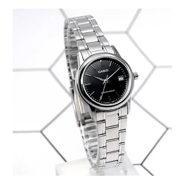 Casio női karóra LTP-V002D-1A, ezüst nemesacél, fekete számlap, WR30