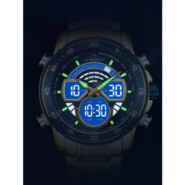 Naviforce NF9189 férfi quartz karóra, arany fémszíj, kék számlap, doboz