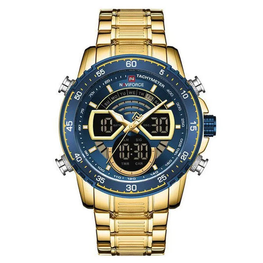 Naviforce NF9189 férfi quartz karóra, arany fémszíj, kék számlap, doboz