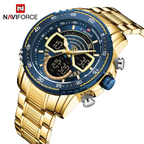 Naviforce NF9189 férfi quartz karóra, arany fémszíj, kék számlap, doboz