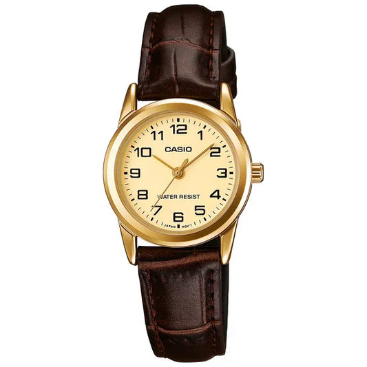 Casio női karóra, arany tok 24 mm, barna bőrszíj, kvarc WR30