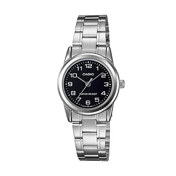 Casio LTP-V001D-1B női karóra, rozsdamentes acél, fekete számlap, 25 mm
