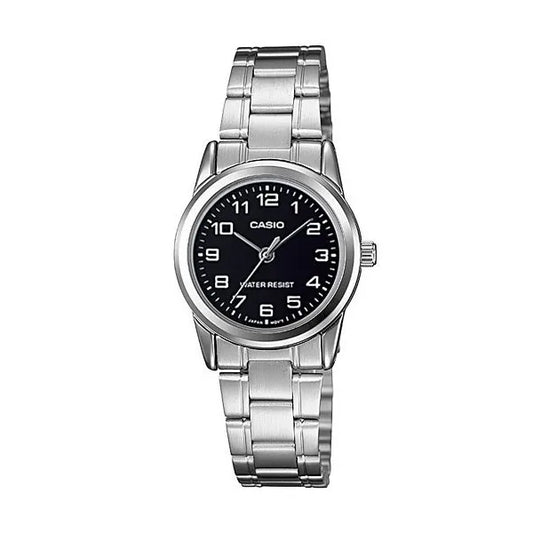 Casio LTP-V001D-1B női karóra, rozsdamentes acél, fekete számlap, 25 mm