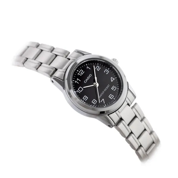 Casio LTP-V001D-1B női karóra, rozsdamentes acél, fekete számlap, 25 mm