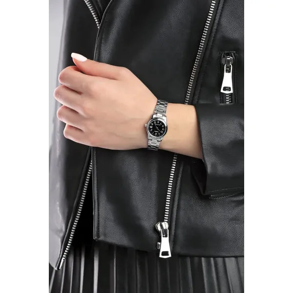 Casio LTP-V001D-1B női karóra, rozsdamentes acél, fekete számlap, 25 mm