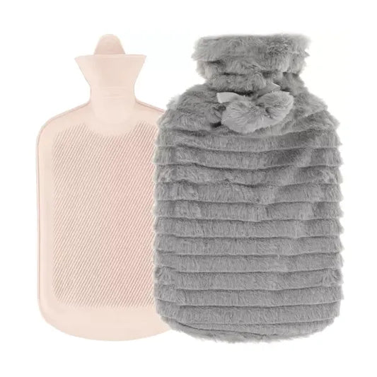 Plüss huzatos melegvizes gumi palack 2 l, szürke/beige, szivárgásmentes