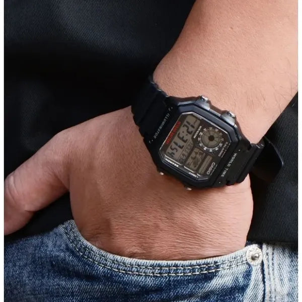 Casio AE-1200WH-1AVCF férfi digitális karóra, WR100, LED, műanyag szíj