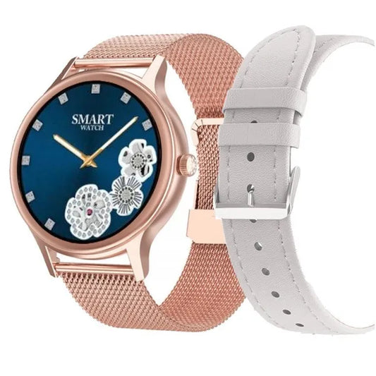 Női okosóra 1.09" TFT HD, rosegold acél+fehér bőrszíj, IP68