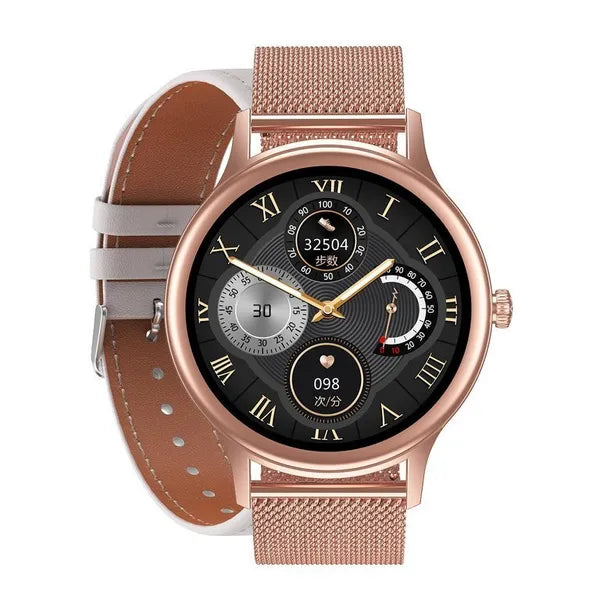 Női okosóra 1.09" TFT HD, rosegold acél+fehér bőrszíj, IP68