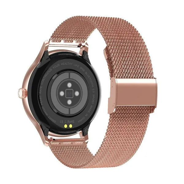 Női okosóra 1.09" TFT HD, rosegold acél+fehér bőrszíj, IP68