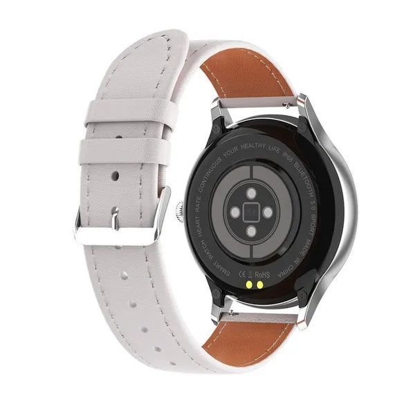 Női okosóra 1.09" TFT HD, rosegold acél+fehér bőrszíj, IP68