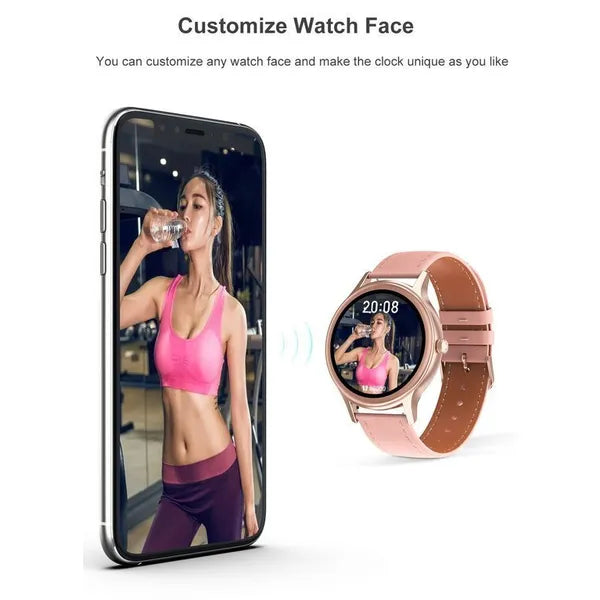 Női okosóra 1.09" TFT HD, IP68, rózsaarany tok, pink+fehér bőrszíj