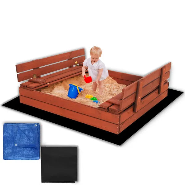 Impregnált fa homokozó 120×120 cm, padokká nyitható fedél, takaró szett