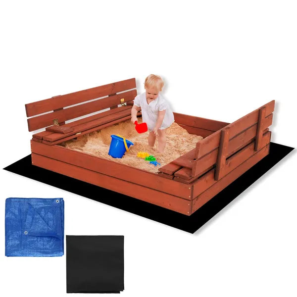 Impregnált fa homokozó 120×120 cm, padokká nyitható fedél, takaró szett