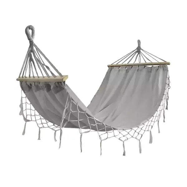 Szürke kerti függőágy fa kerettel, 200×100 cm, 200 kg teherbírás