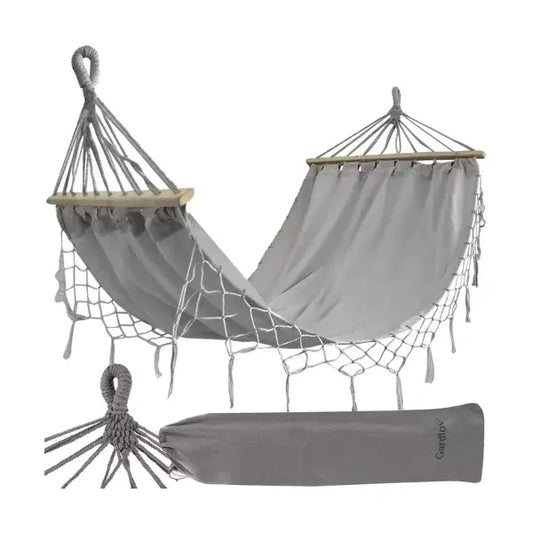 Szürke kerti függőágy fa kerettel, 200×100 cm, 200 kg teherbírás