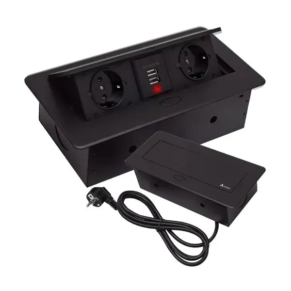 Süllyesztett fekete dupla aljzat USB-portokkal, 2x230V + 2xUSB, 1,9 m kábel