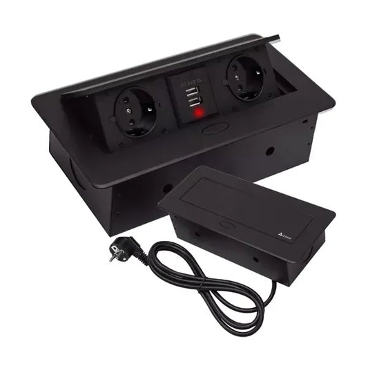 Süllyesztett fekete dupla aljzat USB-portokkal, 2x230V + 2xUSB, 1,9 m kábel