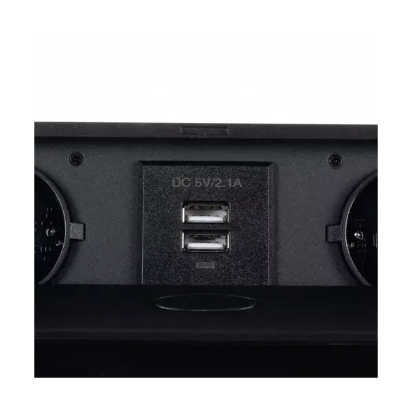 Süllyesztett fekete dupla aljzat USB-portokkal, 2x230V + 2xUSB, 1,9 m kábel