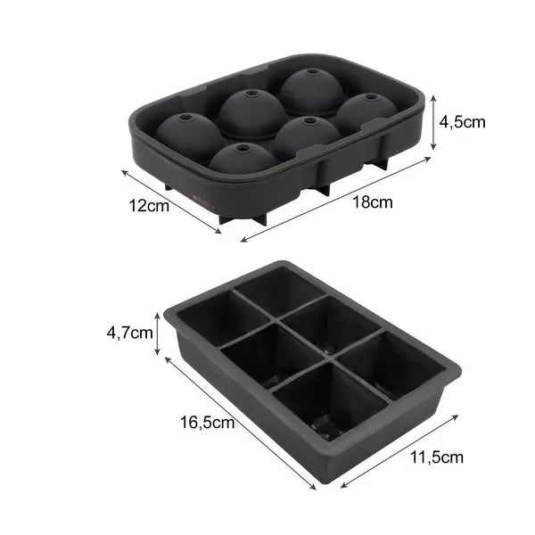 Szilikon jégforma 2 az 1-ben, XXL 4,8 cm kockák + 4 cm gömbök fedőkkel