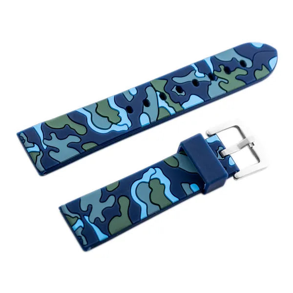 Tengerészkék-moro gumis óraszíj ezüst csattal, 22 mm
