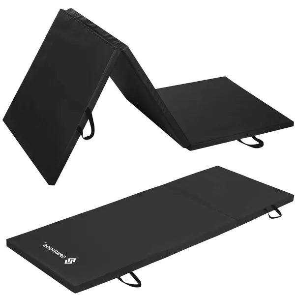 Összehajtható fekete tornaszőnyeg, PVC, 180×60×3 cm, 3 szegmens, hordfogantyú