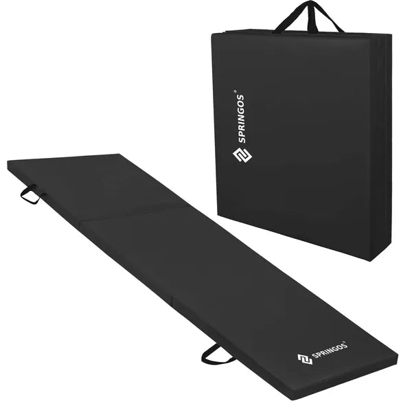 Összehajtható fekete tornaszőnyeg, PVC, 180×60×3 cm, 3 szegmens, hordfogantyú