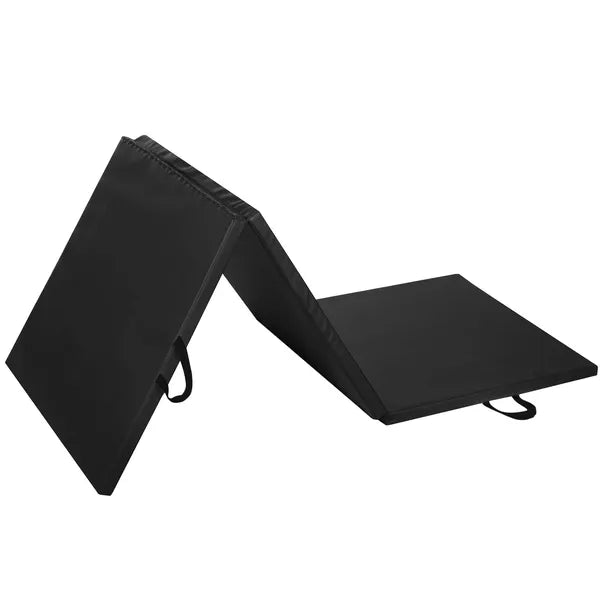 Összehajtható fekete tornaszőnyeg, PVC, 180×60×3 cm, 3 szegmens, hordfogantyú