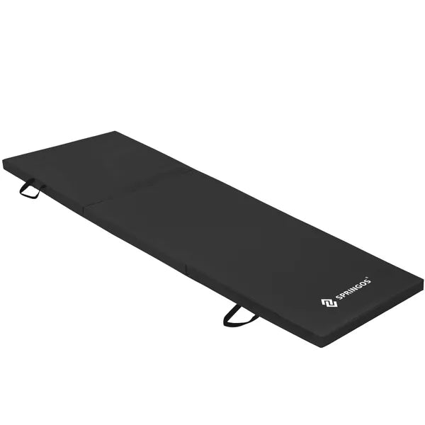 Összehajtható fekete tornaszőnyeg, PVC, 180×60×3 cm, 3 szegmens, hordfogantyú