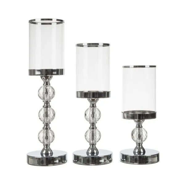 Glamour 3 részes ezüst üveg gyertyatartó szett 28/34/41 cm