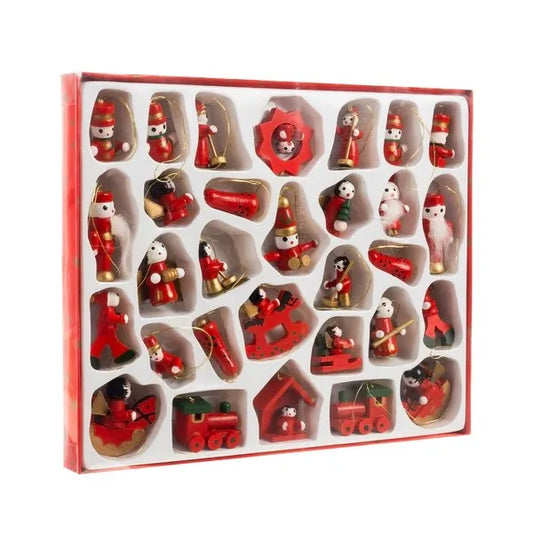 Fa karácsonyfa dísz szett, 30 darab, piros, 2,5-4 cm figurák