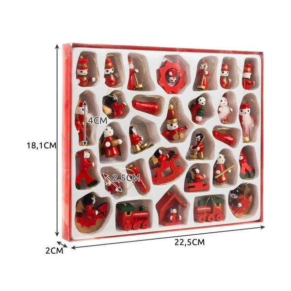 Fa karácsonyfa dísz szett, 30 darab, piros, 2,5-4 cm figurák