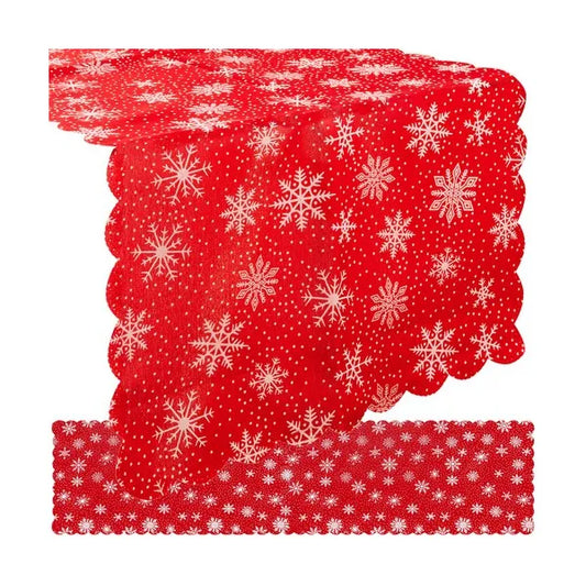 Karácsonyi asztali futó piros, fehér hópelyhes, 150×35 cm poliészter