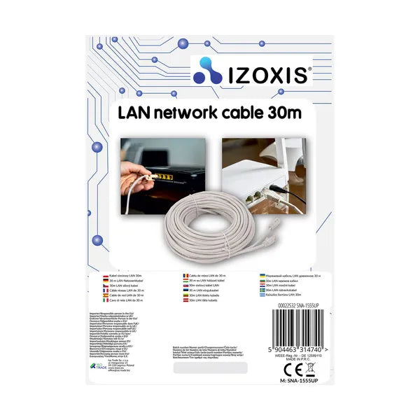 LAN hálózati kábel RJ45, 30 m, PVC köpeny, aranyozott csatlakozó