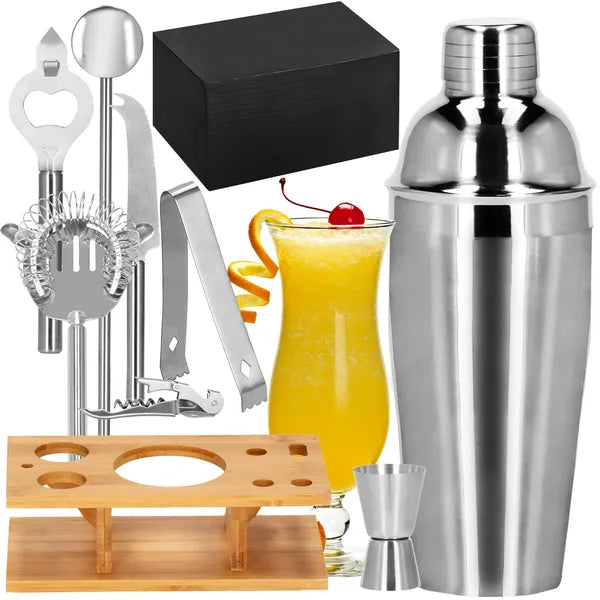 9 részes rozsdamentes acél barmankészlet 550 ml shakerrel bambusz állvánnyal