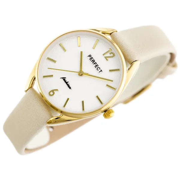 Női kvarc karóra, arany tok, bézs bőrszíj, ezüst számlap, 34 mm
