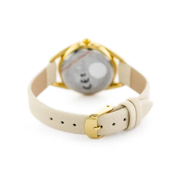 Női kvarc karóra, arany tok, bézs bőrszíj, ezüst számlap, 34 mm