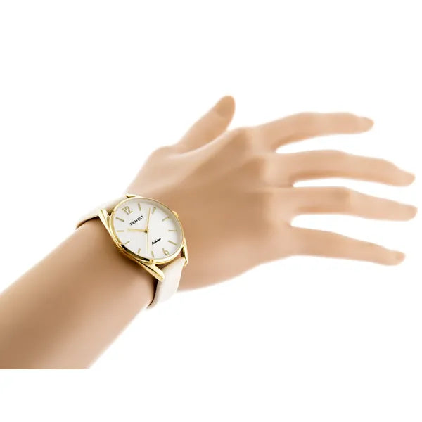 Női kvarc karóra, arany tok, bézs bőrszíj, ezüst számlap, 34 mm