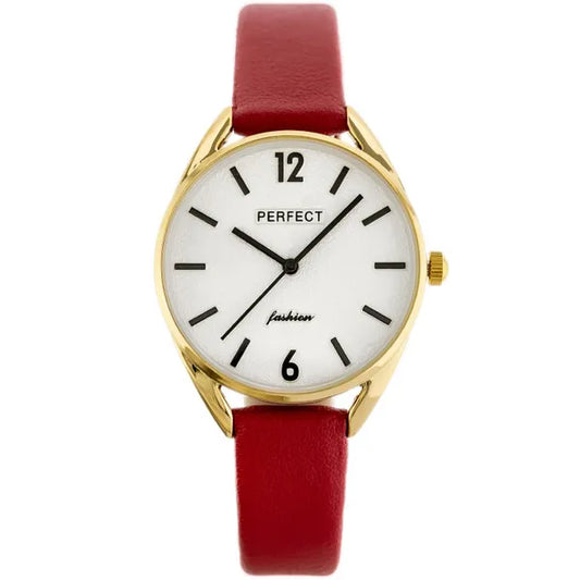 Női kvarc karóra vörös bőrszíjjal, arany tok 34 mm + díszdoboz