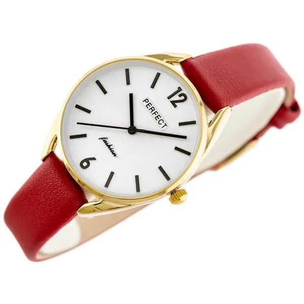 Női kvarc karóra vörös bőrszíjjal, arany tok 34 mm + díszdoboz
